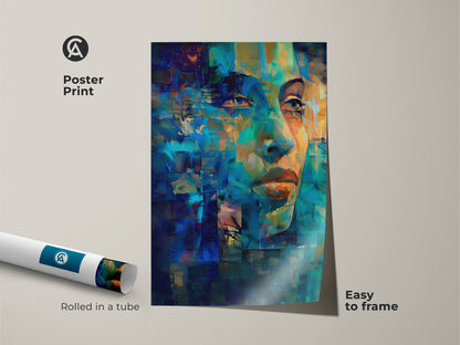 Poster print featuring an abstract woman's face artwork. The print showcases blue teal abstract art. It is rolled in a tube for easy framing. This contemporary figurative canvas serves as a unique gift idea for art lovers seeking expressive artwork.