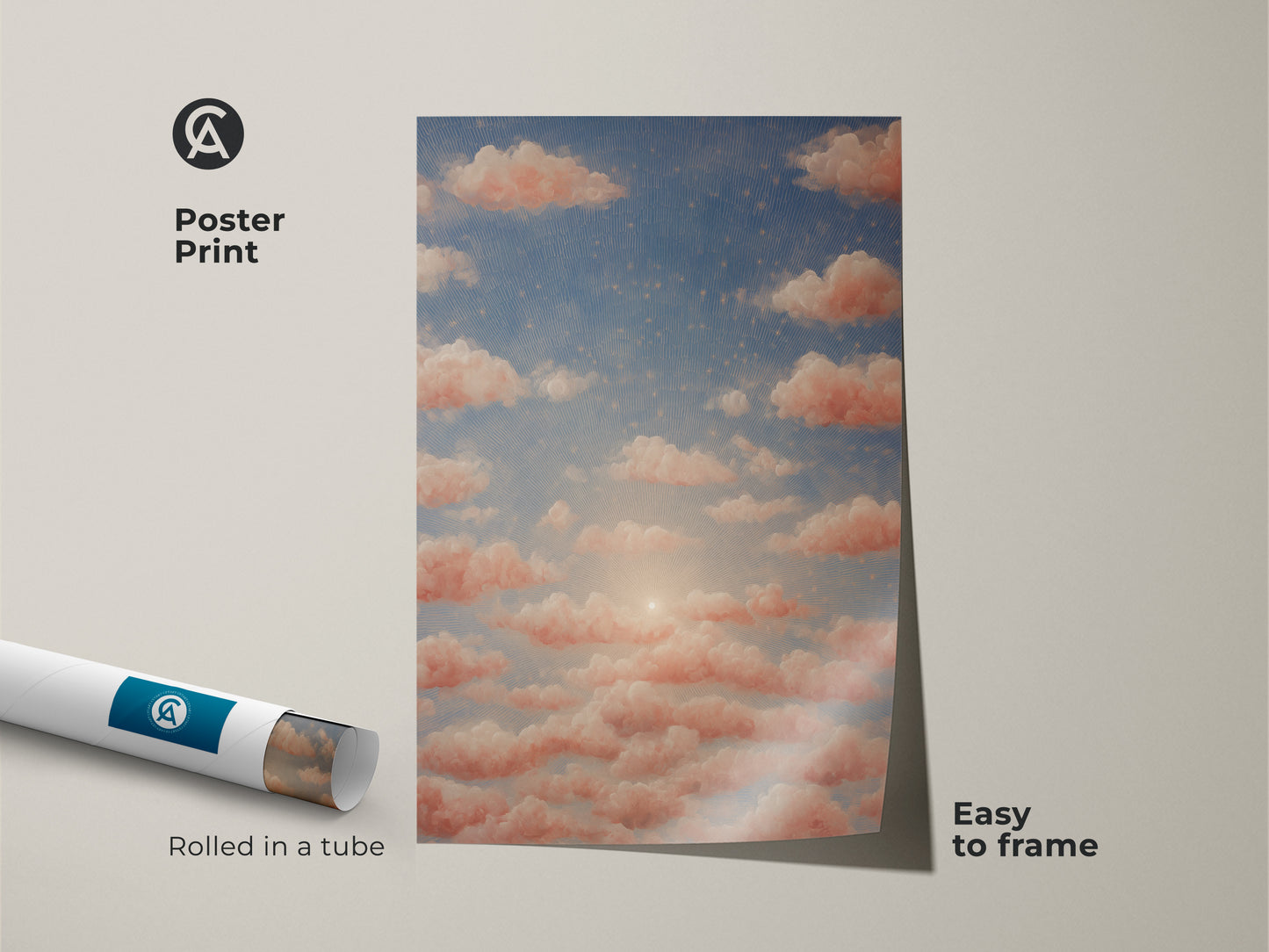 Close-up captures the dreamy cloud art on canvas. Soft color palette art of peach and sky blue. Ethereal wall hanging enhances bohemian bedroom decor. Gift for artists.