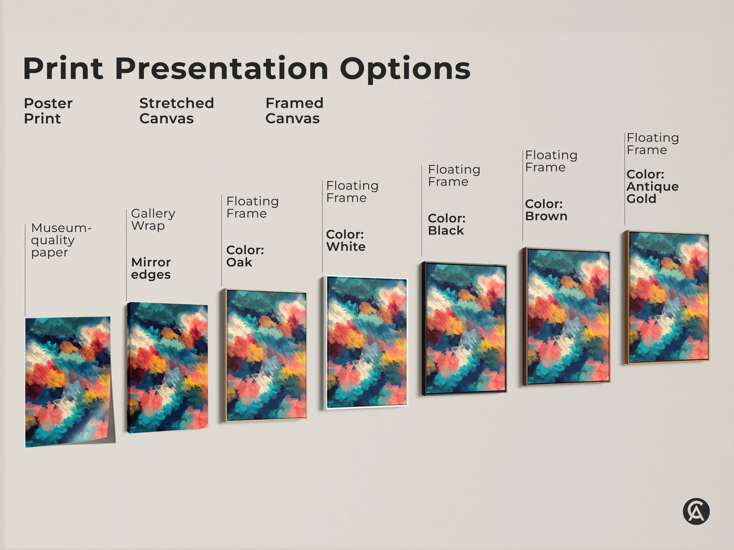 Print presentation options for abstract artwork. Choose from poster print stretched canvas or framed canvas. Various frame colors are available including white black brown and antique gold. Find the perfect art for your home.