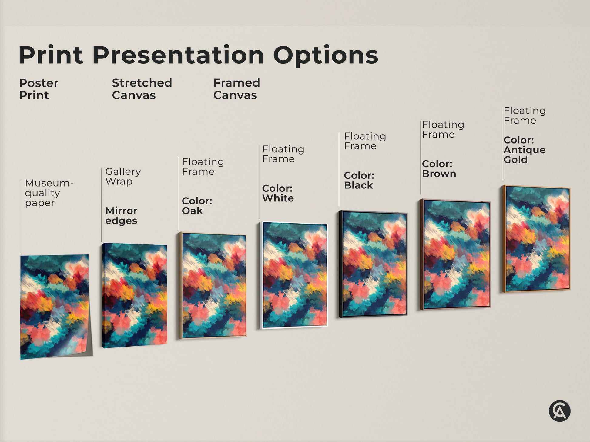 Print presentation options for abstract artwork. Choose from poster print stretched canvas or framed canvas. Various frame colors are available including white black brown and antique gold. Find the perfect art for your home.