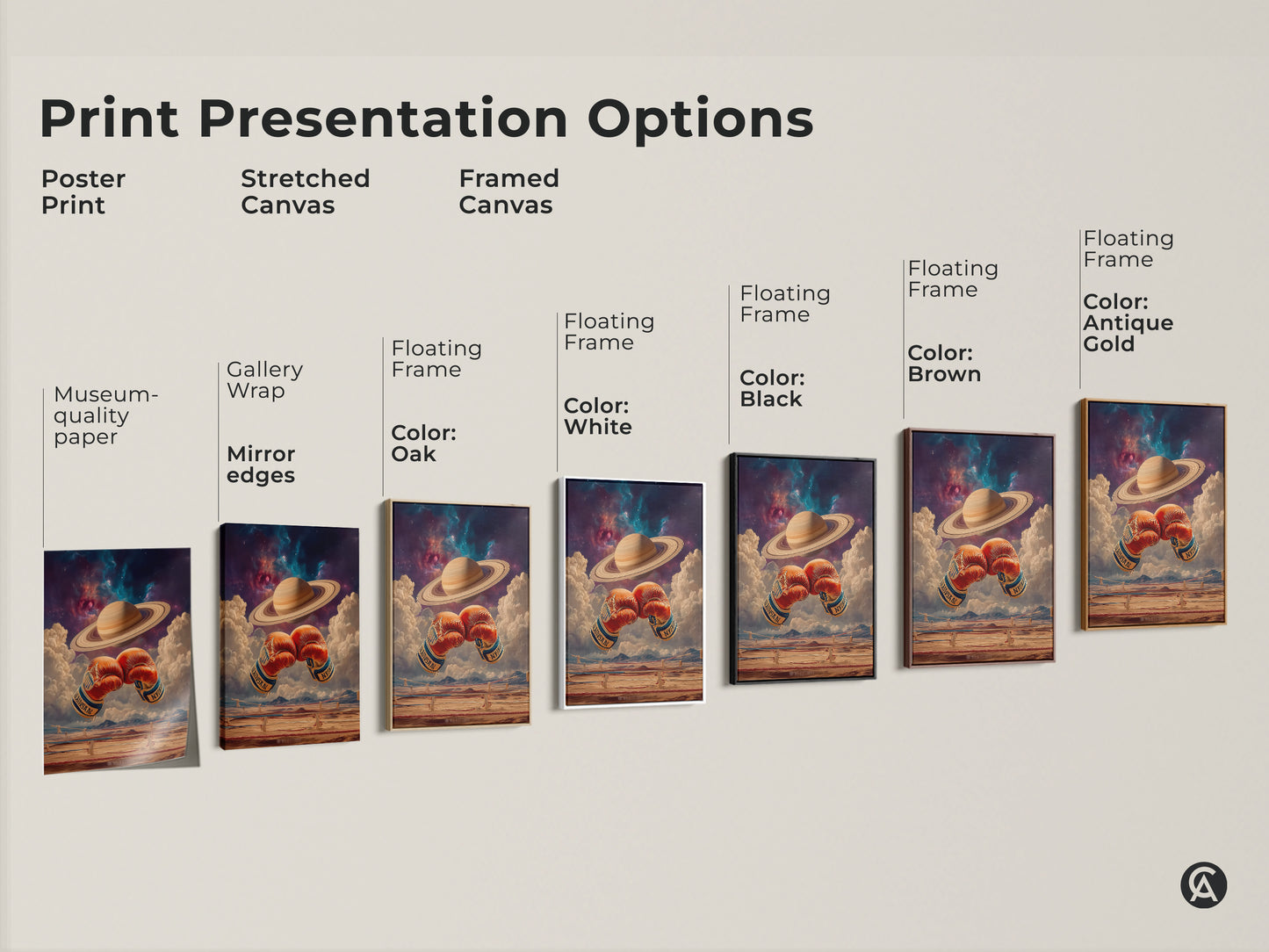 Explore print presentation options. Poster prints and stretched canvases. Framed art and floating frames. See museum-quality paper. Gallery wrap and mirror edges. Find the perfect style. Enhance your space with space-themed artwork.