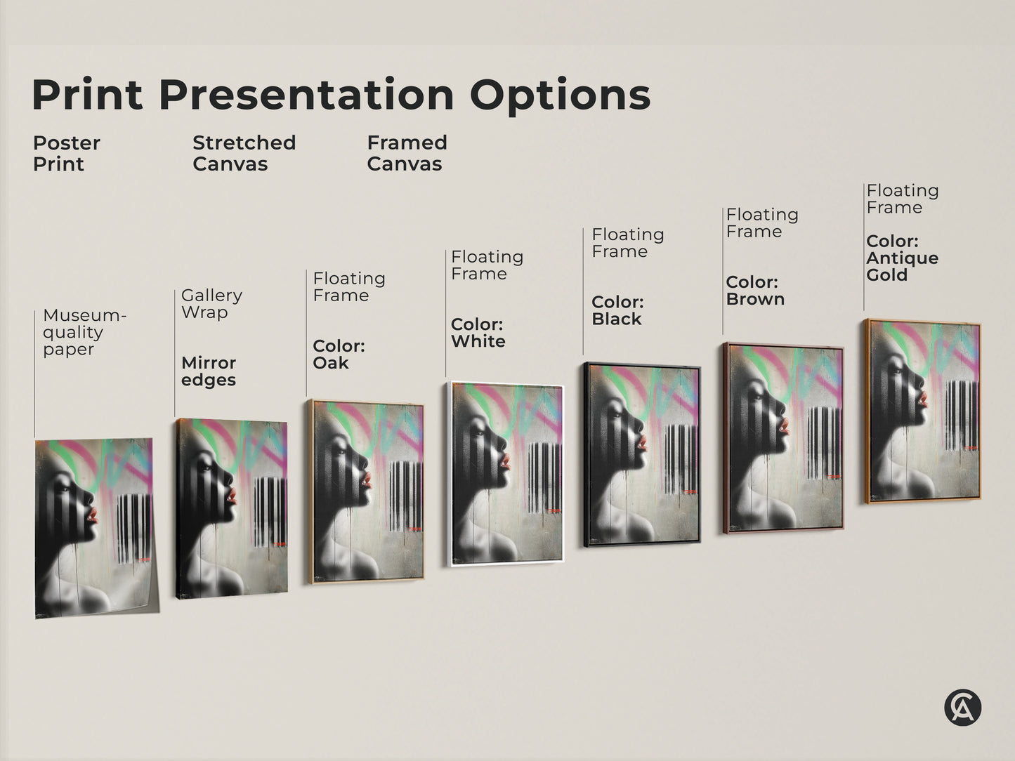 Explore print presentation options including poster stretched and framed canvas. Each option features a contemporary woman portrait in urban graffiti style with black white and pink abstract elements. Find the perfect ready to hang artwork to elevate your space.