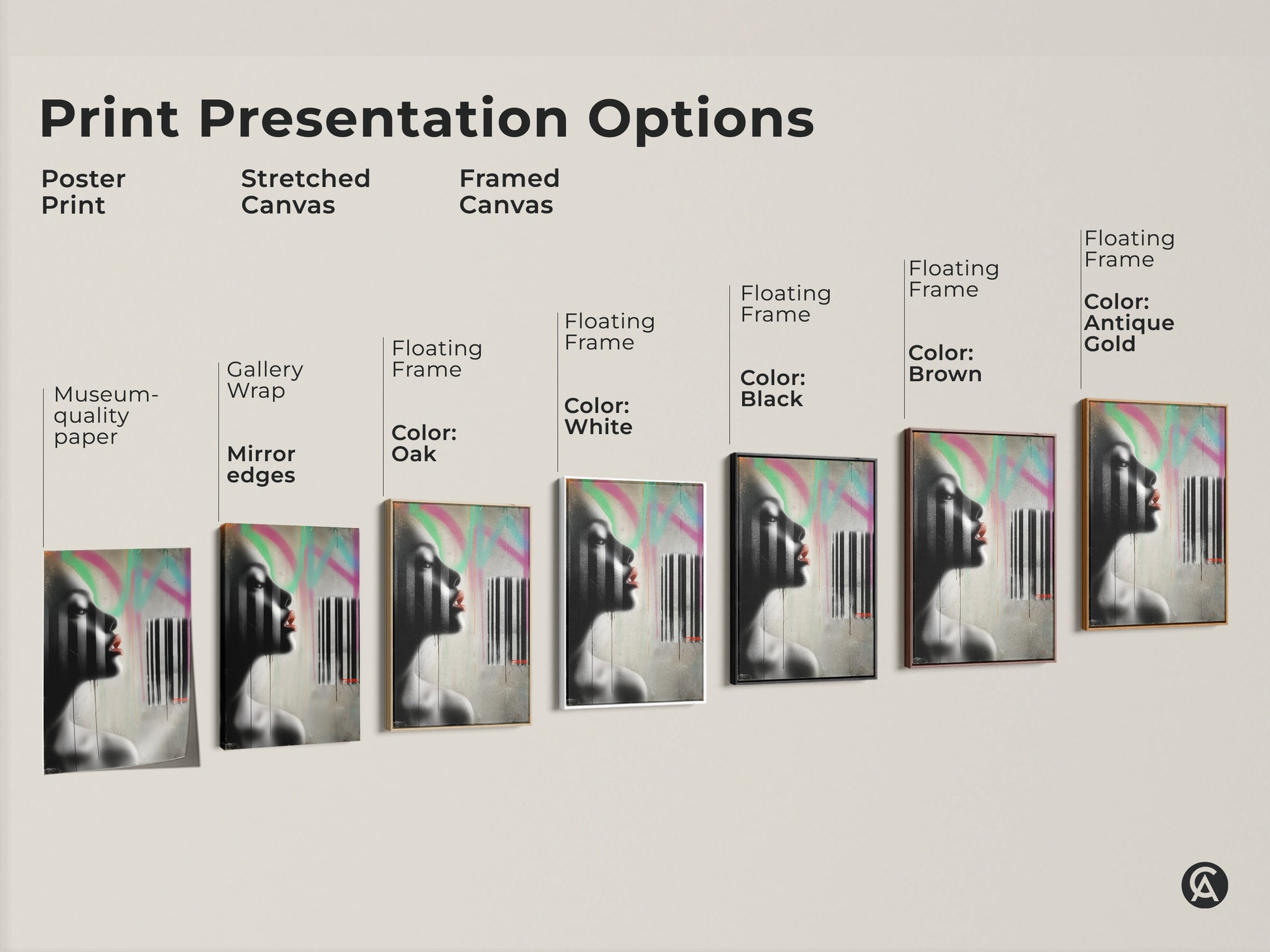 Explore print presentation options including poster stretched and framed canvas. Each option features a contemporary woman portrait in urban graffiti style with black white and pink abstract elements. Find the perfect ready to hang artwork to elevate your space.