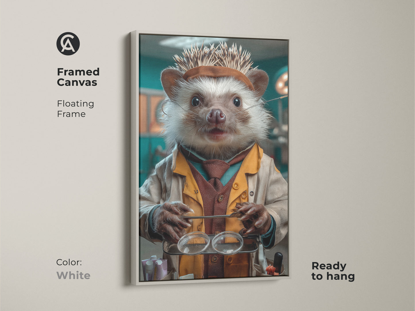 Framed canvas showcasing Science Hedgehog Canvas Art. The animal doctor print is displayed with a floating white frame and is ready to hang. This tan & teal eclectic wall decor makes a great gift for veterinarians. The artwork blends a playful surreal style with scientific themes in any space.