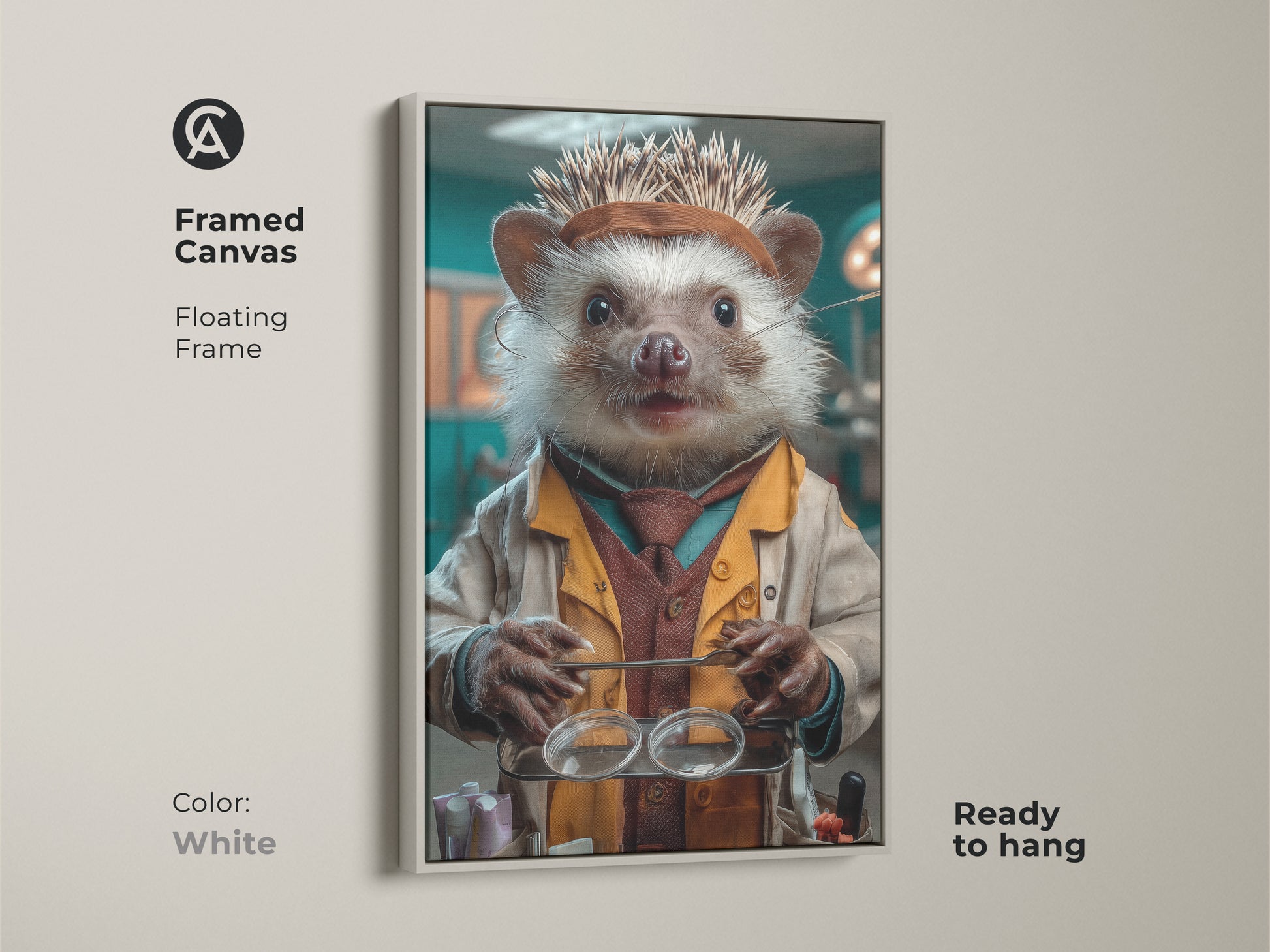 Framed canvas showcasing Science Hedgehog Canvas Art. The animal doctor print is displayed with a floating white frame and is ready to hang. This tan & teal eclectic wall decor makes a great gift for veterinarians. The artwork blends a playful surreal style with scientific themes in any space.