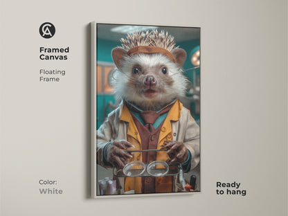 Framed canvas showcasing Science Hedgehog Canvas Art. The animal doctor print is displayed with a floating white frame and is ready to hang. This tan & teal eclectic wall decor makes a great gift for veterinarians. The artwork blends a playful surreal style with scientific themes in any space.