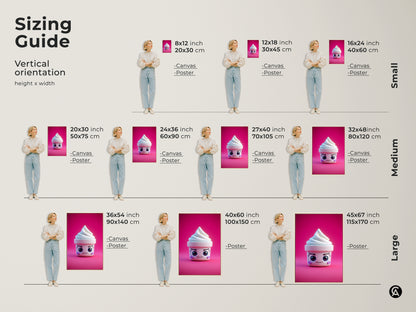 Sizing guide for vertical kawaii ice cream cone art. See options from 8x12 to 45x67 inches. Each canvas or poster is shown on a person for scale. Choose the perfect size for your kids birthday gift art.