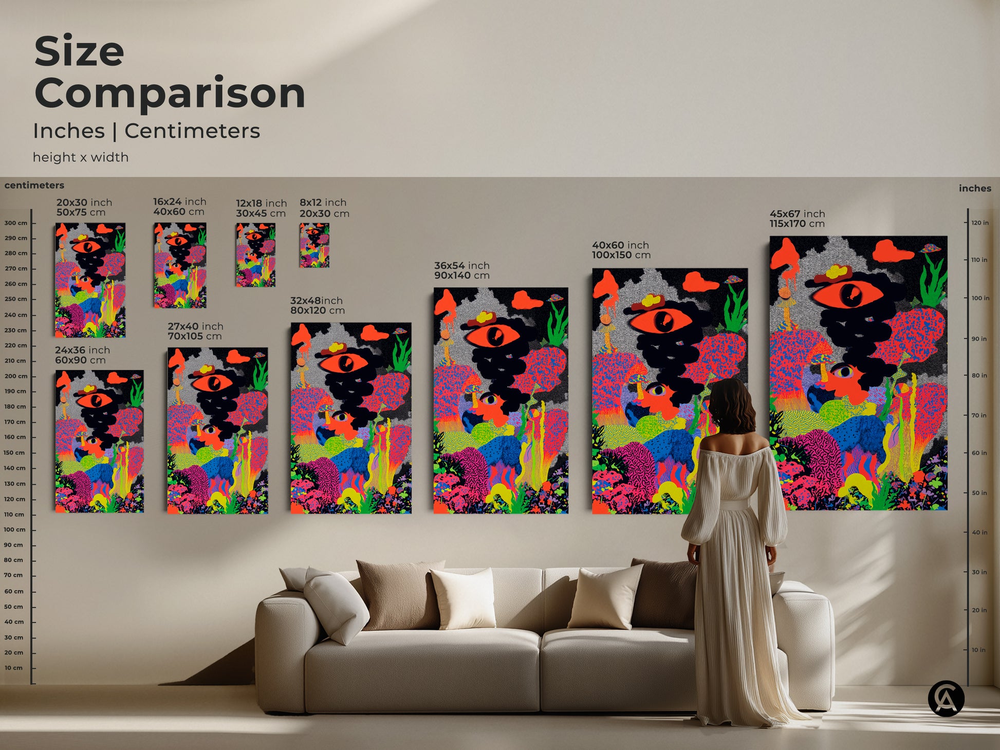 Size comparison of abstract eye mushroom art. Sizes range from small to large. See how the artwork looks above a couch. Visualize the neon pink and orange colors in your space.