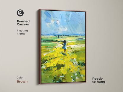 Brown Framed Canvas of a Boho Landscape Wall Decor. This impressionist nature painting features a girl walking through a yellow field. This floating frame enhances the colorful nature art. A great gift for her or a unique addition to any home decor. It is ready to hang and enjoy.