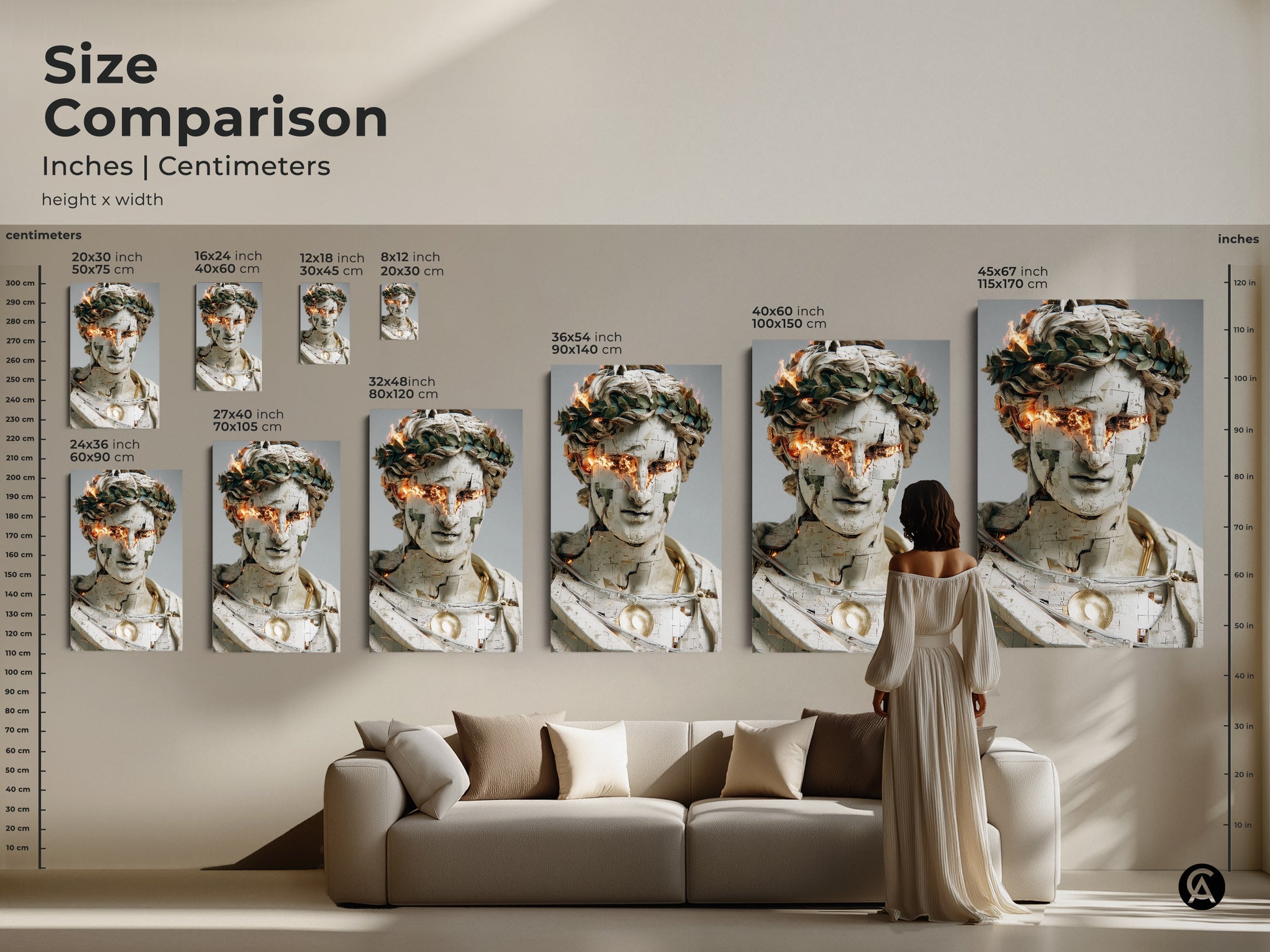 Size comparison of contemporary abstract bust art prints. See inches and centimeters for various sizes. The artwork features gold orange fire eyes. Perfect for office study or living room decor. This unique digital painting makes a modern statement. Ideal as a housewarming gift.
