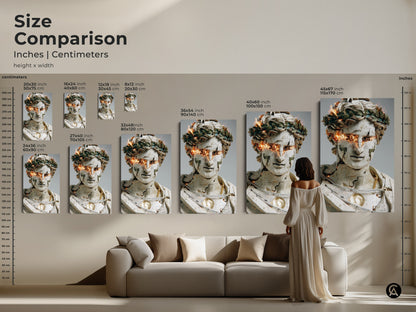 Size comparison of contemporary abstract bust art prints. See inches and centimeters for various sizes. The artwork features gold orange fire eyes. Perfect for office study or living room decor. This unique digital painting makes a modern statement. Ideal as a housewarming gift.