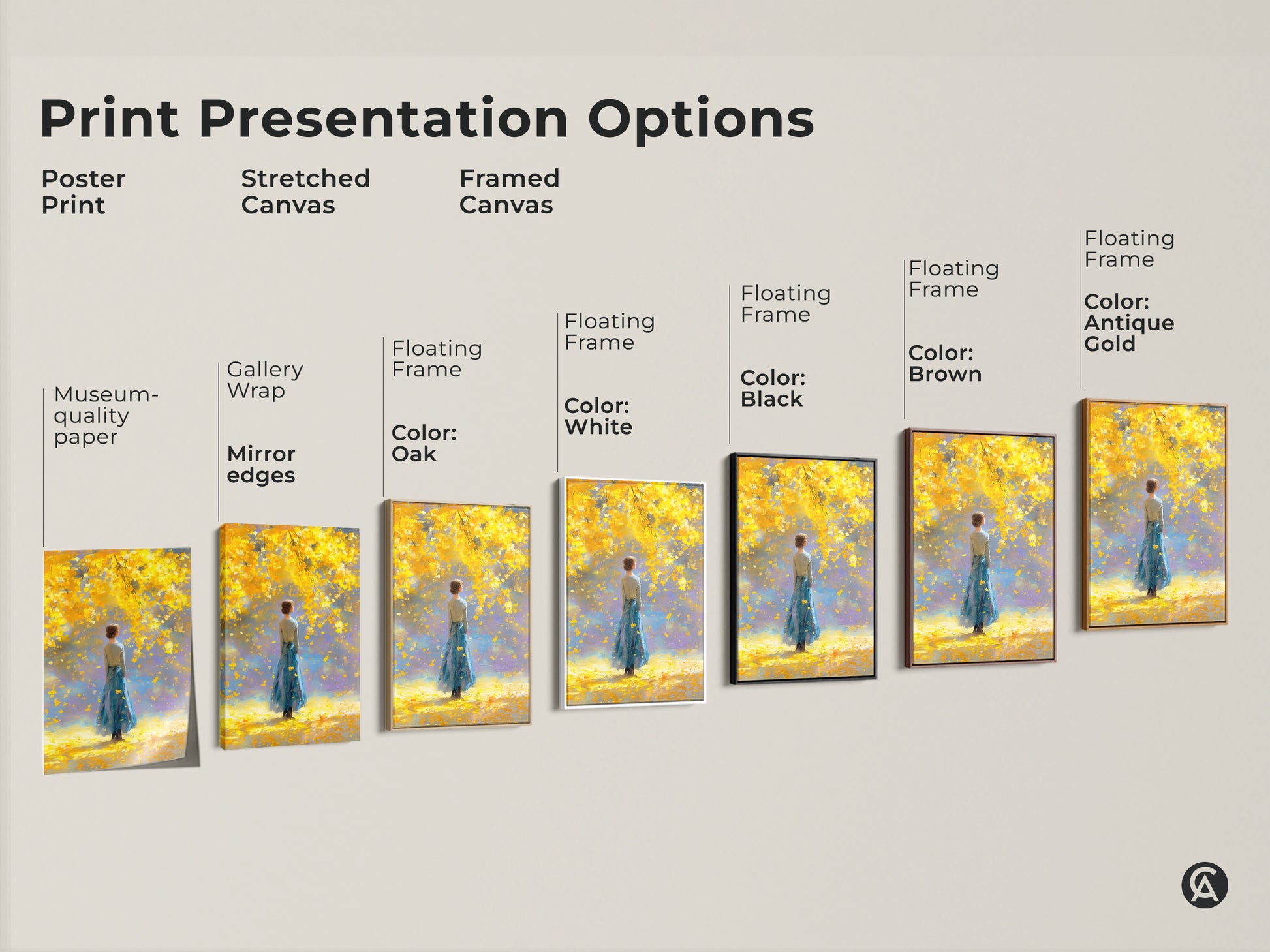 Explore print presentation options for artwork featuring a woman in a blue dress under a yellow tree. Choose from poster prints stretched canvas and framed canvas. Options include gallery wrap mirror edges and floating frames in oak white black brown and antique gold. Find the perfect style to enhance your space.