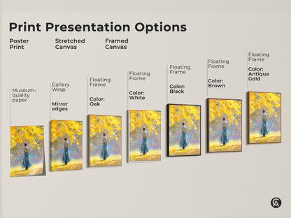 Explore print presentation options for artwork featuring a woman in a blue dress under a yellow tree. Choose from poster prints stretched canvas and framed canvas. Options include gallery wrap mirror edges and floating frames in oak white black brown and antique gold. Find the perfect style to enhance your space.