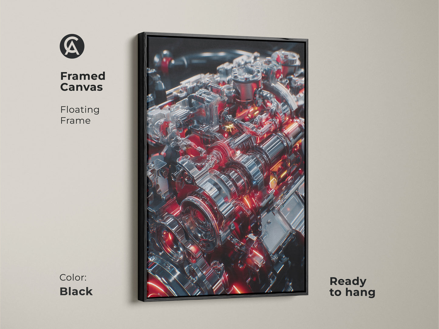 Framed canvas featuring silver and red mechanical engine artwork. Black floating frame enhances the futuristic feel. Ideal for a man cave or mechanic shop. Celebrates automotive engineering. Ready to hang and enjoy. A perfect gift for car enthusiasts.