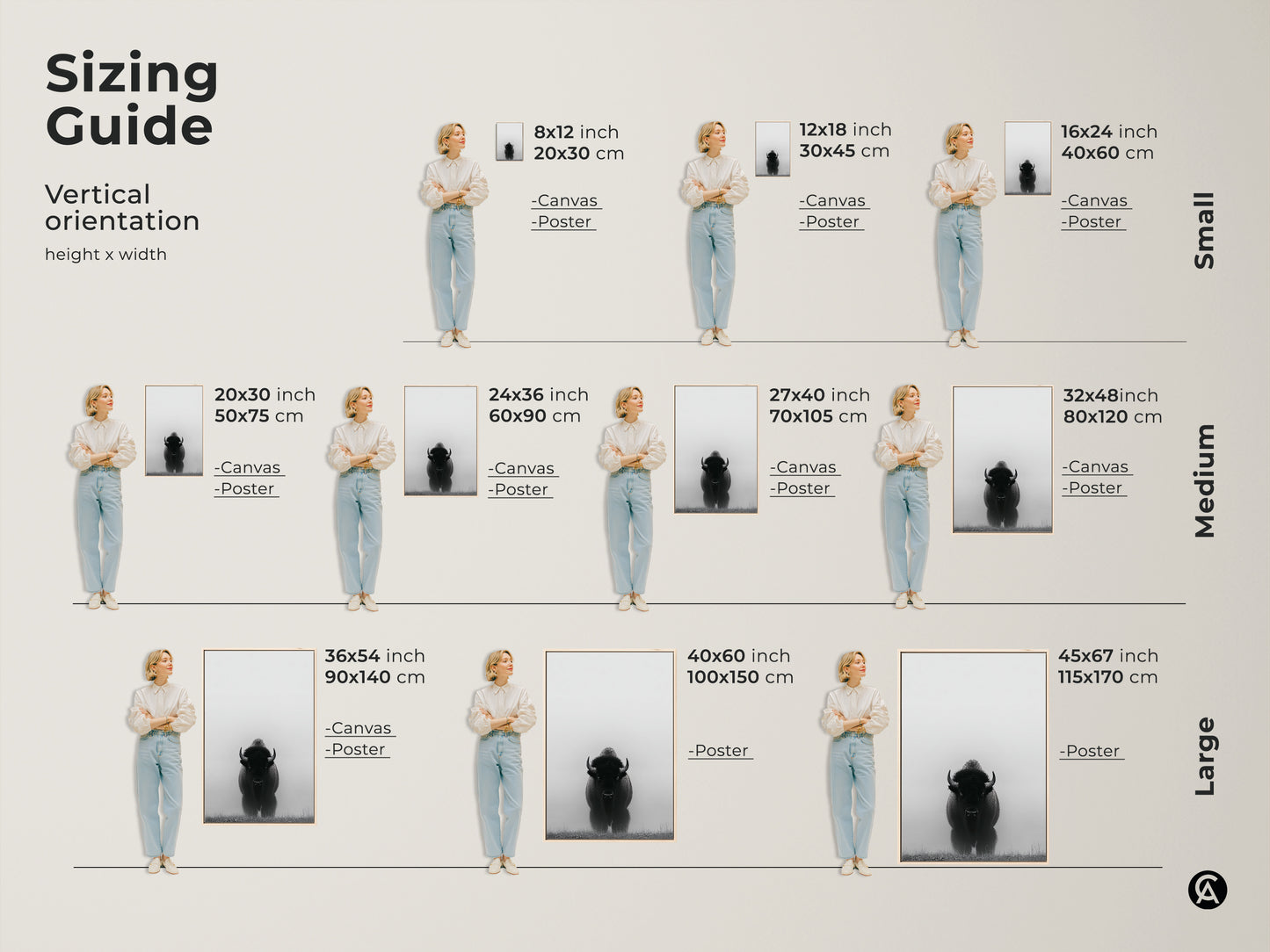 Sizing guide for vertical artwork. See canvas and poster art of a monochrome bison in sizes from 8x12 to 45x67 inches. Perfect minimalist decor for any rustic or modern farmhouse space.