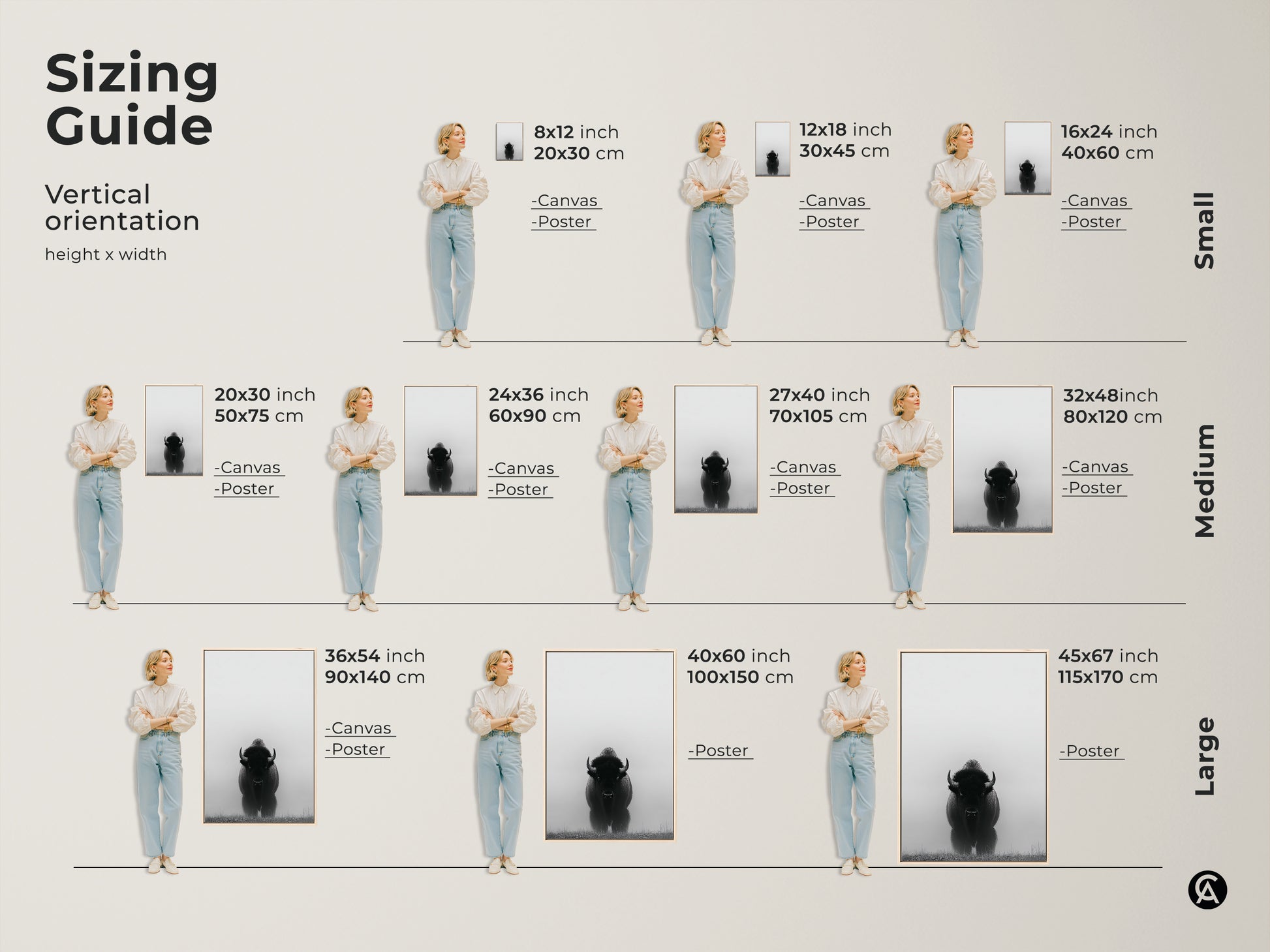 Sizing guide for vertical artwork. See canvas and poster art of a monochrome bison in sizes from 8x12 to 45x67 inches. Perfect minimalist decor for any rustic or modern farmhouse space.