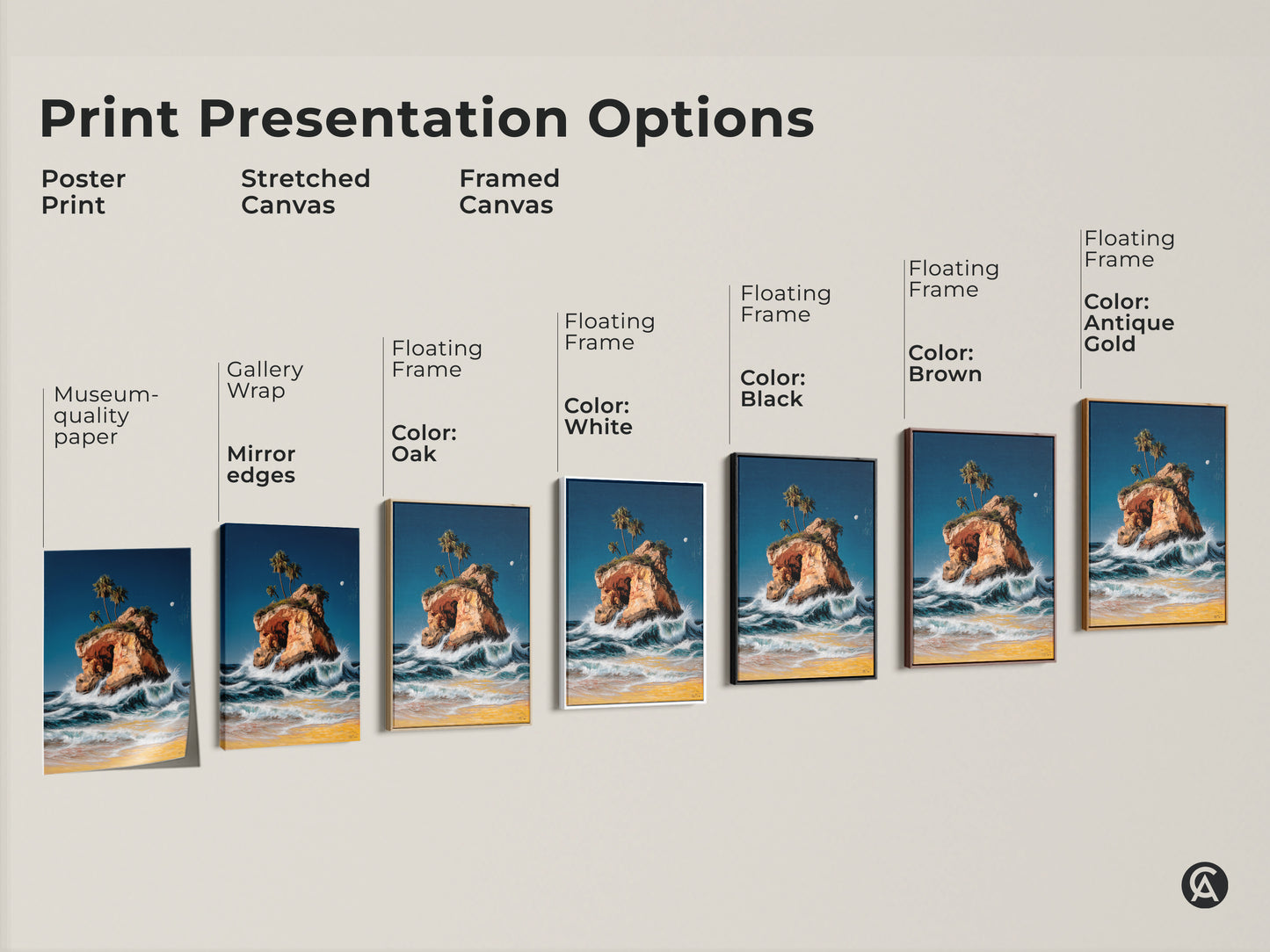 Explore print presentation options for your ocean waves artwork. Choose from poster prints stretched canvases and framed canvases. Select floating frames in black brown white and antique gold. Find the perfect style to showcase your coastal island art palm trees and beach decor. Elevate your space with museum-quality seascape art.