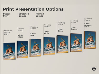 Explore print presentation options for your ocean waves artwork. Choose from poster prints stretched canvases and framed canvases. Select floating frames in black brown white and antique gold. Find the perfect style to showcase your coastal island art palm trees and beach decor. Elevate your space with museum-quality seascape art.