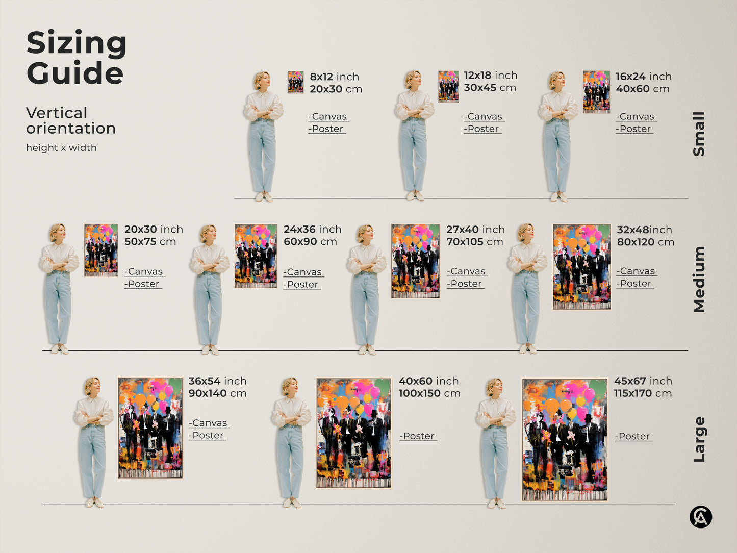 Sizing guide for graffiti style men in suits artwork. See how the abstract balloon print fits in various vertical orientations. From small 8x12 inch to large 45x67 inch sizes. Find the perfect fit for your space with this pop culture wall decor.