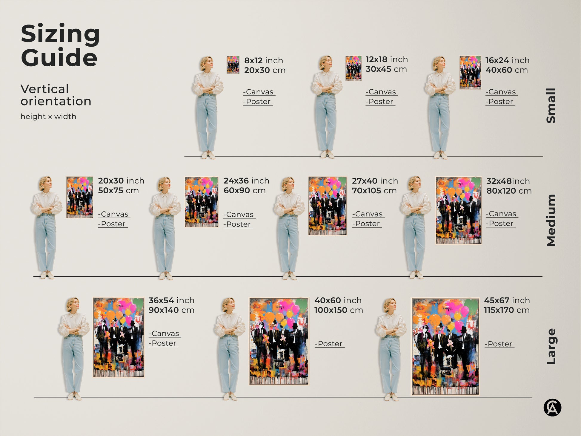 Sizing guide for graffiti style men in suits artwork. See how the abstract balloon print fits in various vertical orientations. From small 8x12 inch to large 45x67 inch sizes. Find the perfect fit for your space with this pop culture wall decor.
