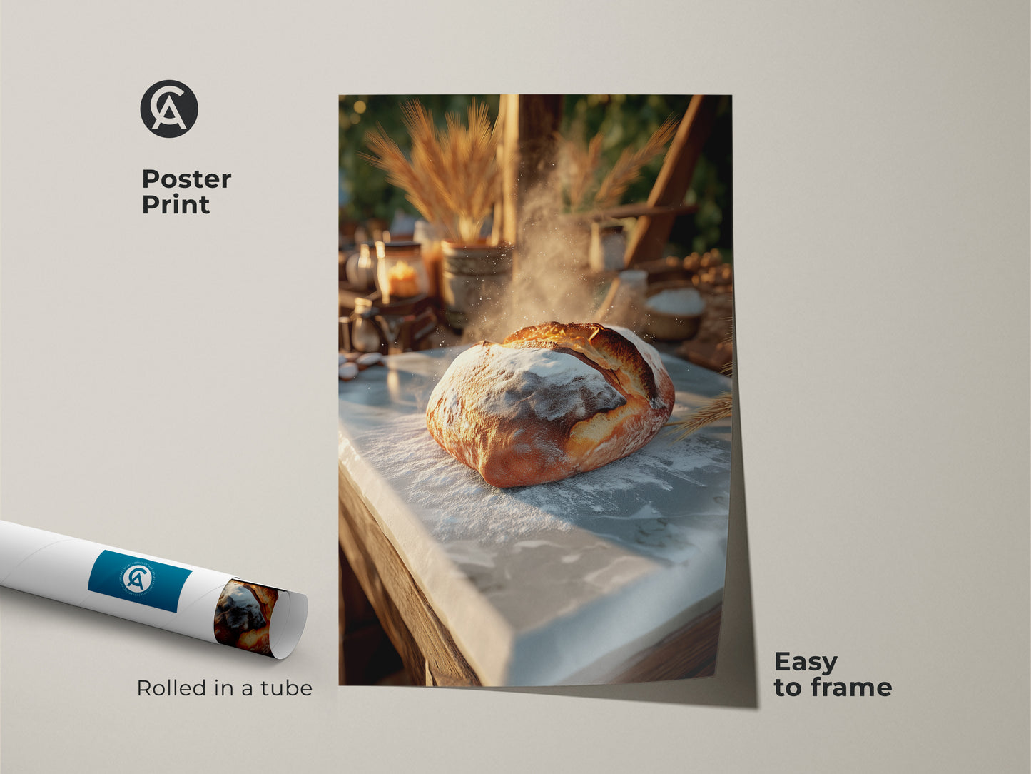 Poster print of artisan bread art rolled in a tube for easy framing. Golden brown kitchen decor with cream baking artwork. Photorealistic food art for a farmhouse kitchen. A wheat stalks art print adds a touch of warmth. Great housewarming gift for baking enthusiasts.