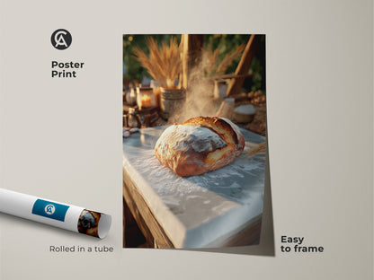 Poster print of artisan bread art rolled in a tube for easy framing. Golden brown kitchen decor with cream baking artwork. Photorealistic food art for a farmhouse kitchen. A wheat stalks art print adds a touch of warmth. Great housewarming gift for baking enthusiasts.
