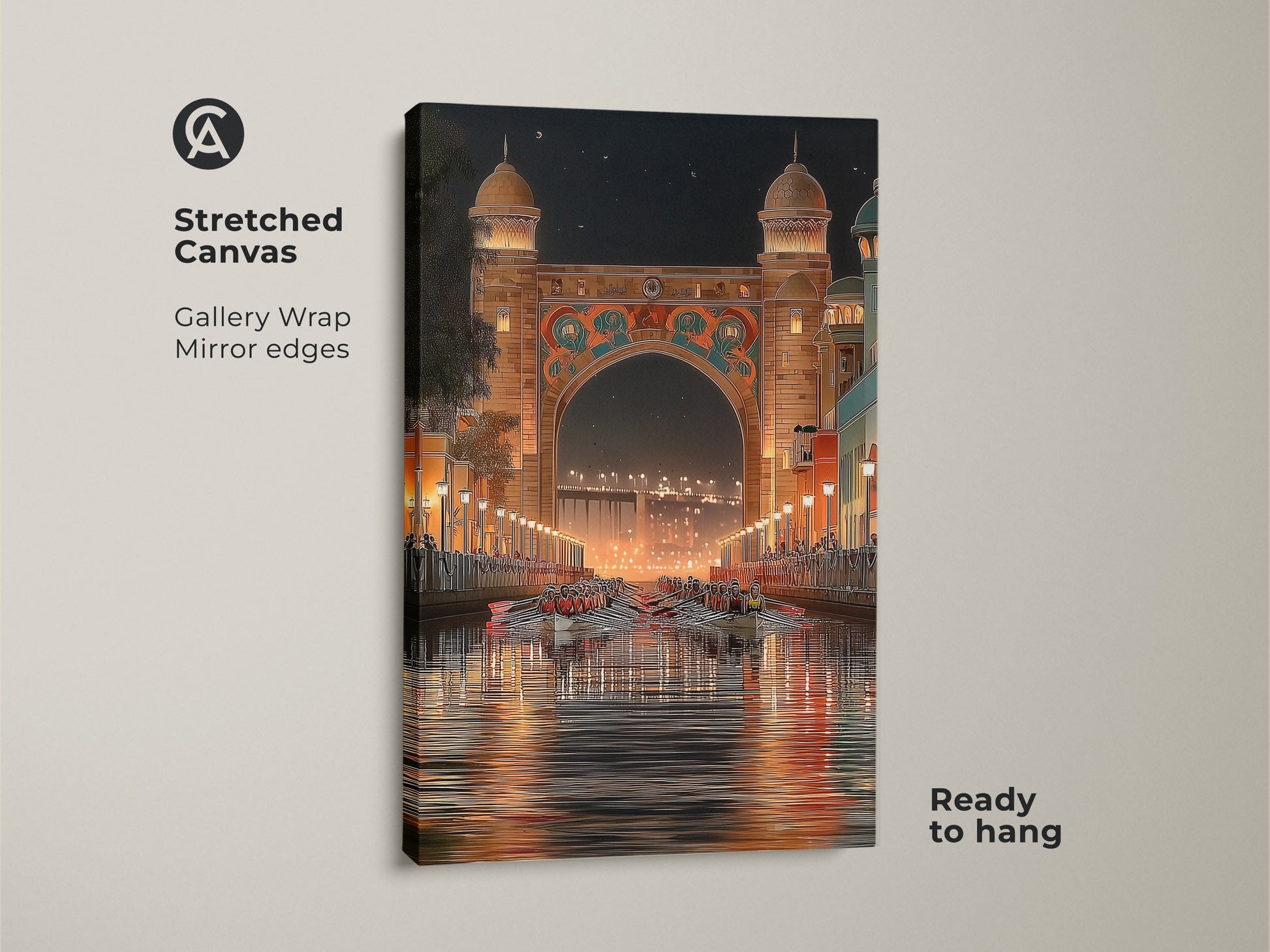 Stretched canvas print features an Art Deco archway at night. The gallery wrap with mirror edges adds a modern touch. This cityscape wall art shows rowing boats in an orange gold teal style. Ready to hang this print is perfect for eclectic home decor and travel lovers.