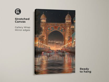 Stretched canvas print features an Art Deco archway at night. The gallery wrap with mirror edges adds a modern touch. This cityscape wall art shows rowing boats in an orange gold teal style. Ready to hang this print is perfect for eclectic home decor and travel lovers.
