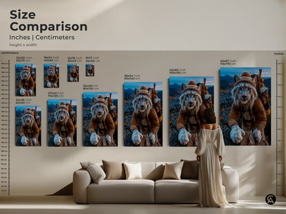 Size comparison for Lynx Mountain explorer art. Sizes include 8x12 inch to 45x67 inch prints. This helps you decide which size you want for your home decor. Find the perfect fit for your mountain explorer cat print. Available in canvas or poster print.