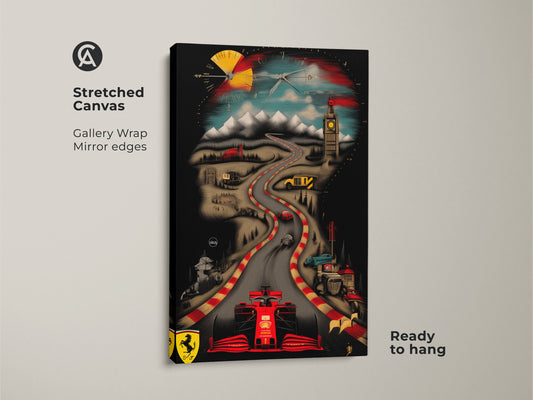 Stretched canvas art of a red Ferrari F1 car. The gallery wrap canvas has mirrored edges. The artwork features a unique blend of racing elements and world landmarks. Buy it today