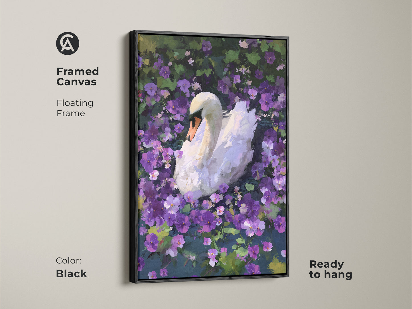 This framed canvas features a beautiful white swan artwork. Purple flowers add a touch of color. The floating frame enhances the painterly animal artwork. Perfect for eclectic decor this piece makes a great gift for nature enthusiasts. The canvas comes ready to hang.