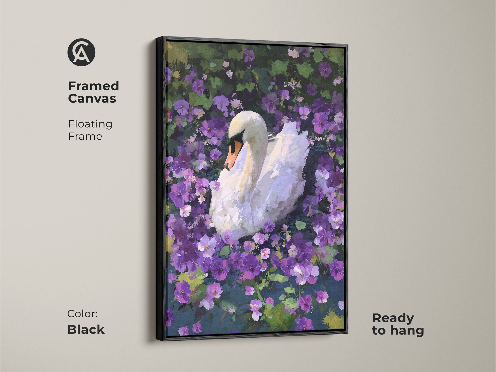This framed canvas features a beautiful white swan artwork. Purple flowers add a touch of color. The floating frame enhances the painterly animal artwork. Perfect for eclectic decor this piece makes a great gift for nature enthusiasts. The canvas comes ready to hang.