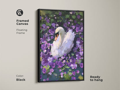 This framed canvas features a beautiful white swan artwork. Purple flowers add a touch of color. The floating frame enhances the painterly animal artwork. Perfect for eclectic decor this piece makes a great gift for nature enthusiasts. The canvas comes ready to hang.