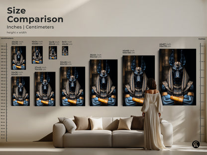 Size comparison of Anubis Jackal God Art Print in inches and centimeters. Available as canvas or poster. Egyptian mythology canvas for eclectic home decor. Dark fantasy wall decor for a study room. Unique mythology gift for lovers of ancient Egypt deities.
