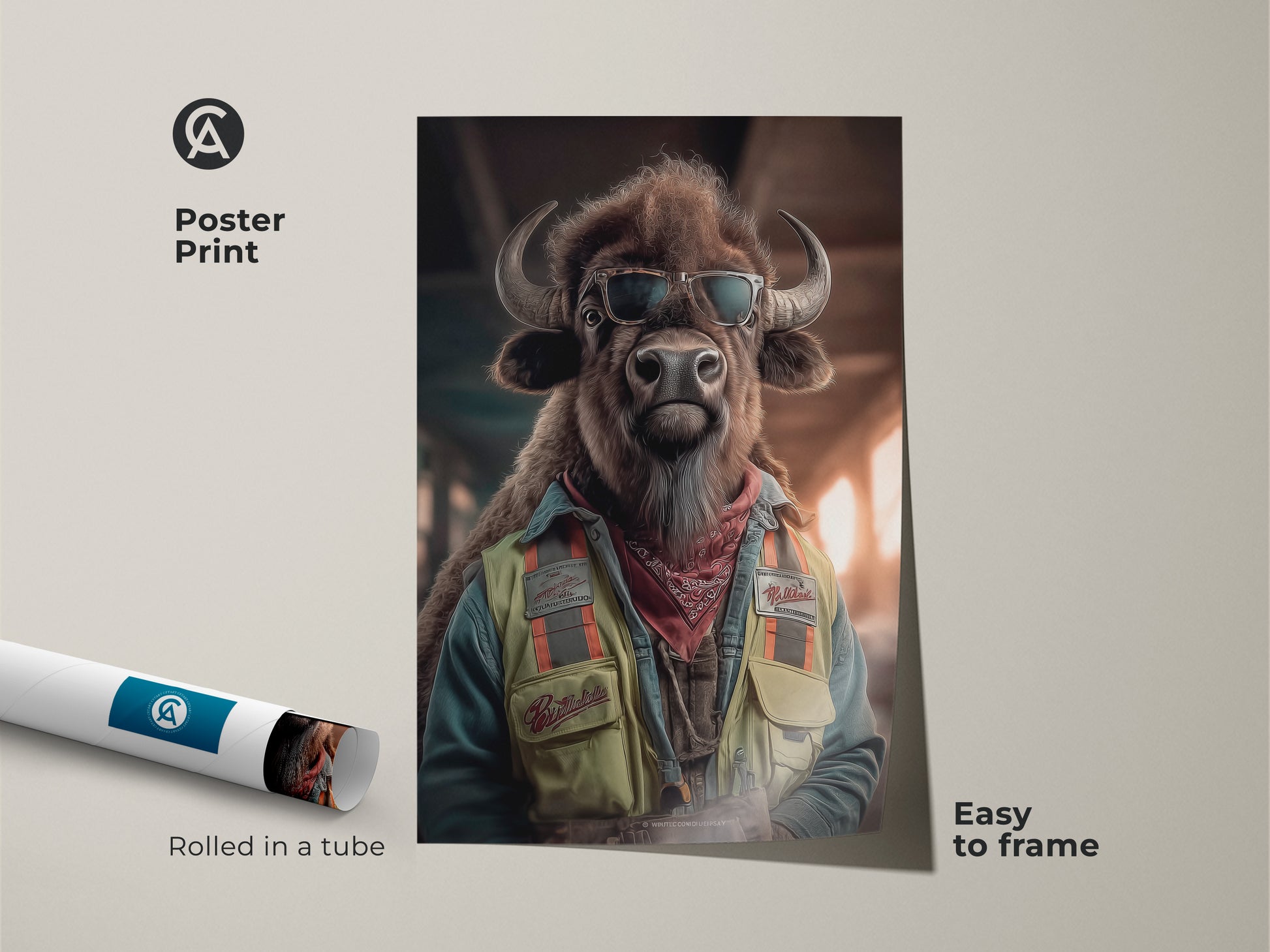 A poster print version of the Sunglasses Bison Canvas art is presented. This wildlife art print is easy to frame. The eclectic animal art is rolled in a tube ensuring safe delivery. This unique buffalo artwork is ideal for animal lovers.