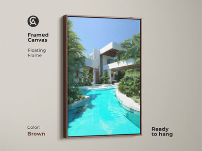 Transform your home with this framed canvas art showcasing a modern villa. The turquoise pool and palm trees embody tropical luxury. The brown floating frame complements the contemporary architecture. Ready to hang this elegant villa artwork is perfect as a housewarming gift.