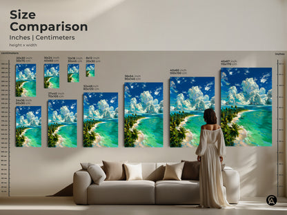 Size comparison of tropical island beach artwork in inches and centimeters. See how different sizes fit above a sofa to help you choose the ideal piece for your living room. This artwork features turquoise waters white sand and palm trees. Decorate with beach art.