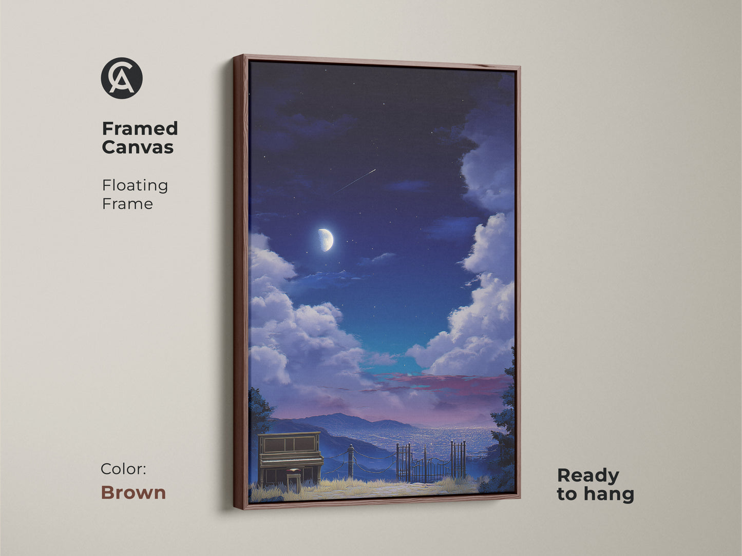 Framed canvas featuring a surreal piano landscape under an indigo moon. This artwork has a brown floating frame. It's ready to hang. The dreamy night sky art creates an eclectic vibe. Ideal for music lovers and home decor.
