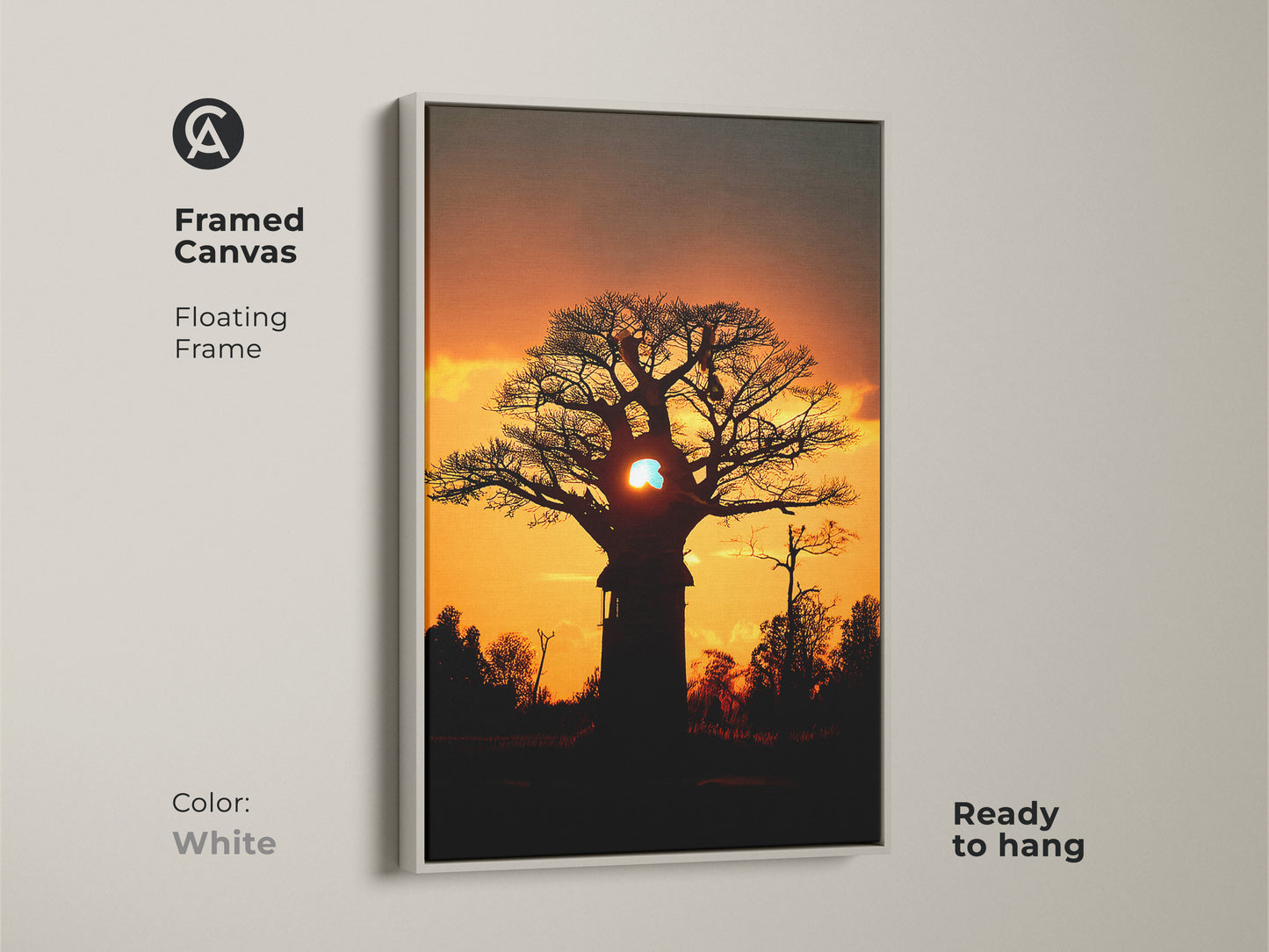 Framed canvas of an African Baobab tree at sunset. The white floating frame creates a clean and modern look. This boho nature print is ready to hang. It is ideal for bedroom wall art or living room decor.