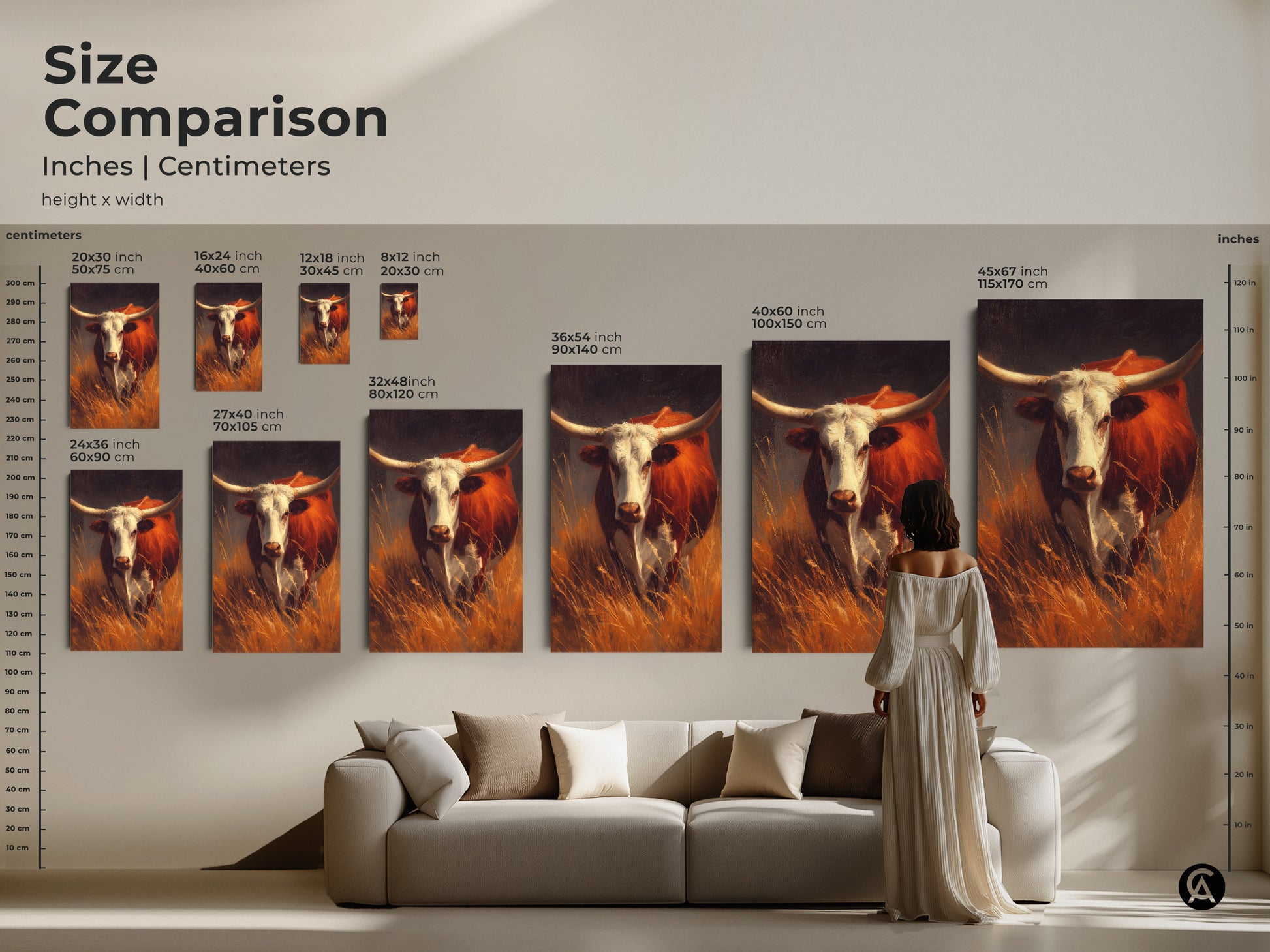 Size comparison of longhorn bull art prints. See the art in various sizes on a wall. Visualize how each size fits in a living room. Find the perfect artwork for your home.