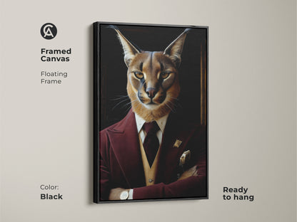 Framed Canvas of Burgundy Tuxedo Caracal. Floating frame in black. This regal cat painting is ready to hang. It's a fine art canvas print. The anthropomorphic wall art is ideal for eclectic home decor. It's a unique birthday gift for him and an animal lover gift.