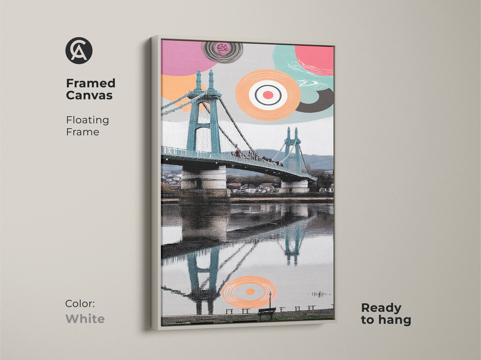 Framed canvas with a white floating frame is ready to hang. Aqua and coral suspension bridge print is featured in abstract geometric art. This canvas makes for modern cityscape wall art. It is a contemporary decor piece offering a unique art print for your office.
