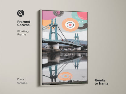 Framed canvas with a white floating frame is ready to hang. Aqua and coral suspension bridge print is featured in abstract geometric art. This canvas makes for modern cityscape wall art. It is a contemporary decor piece offering a unique art print for your office.