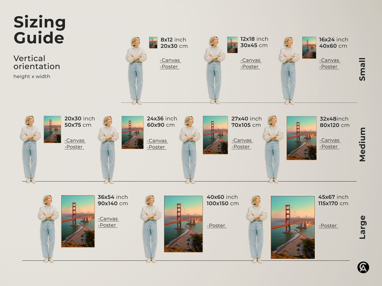 Sizing guide for vertical Golden Gate Bridge artwork. Available as canvas or poster in small medium and large sizes. Choose the perfect size for your space wall decor.