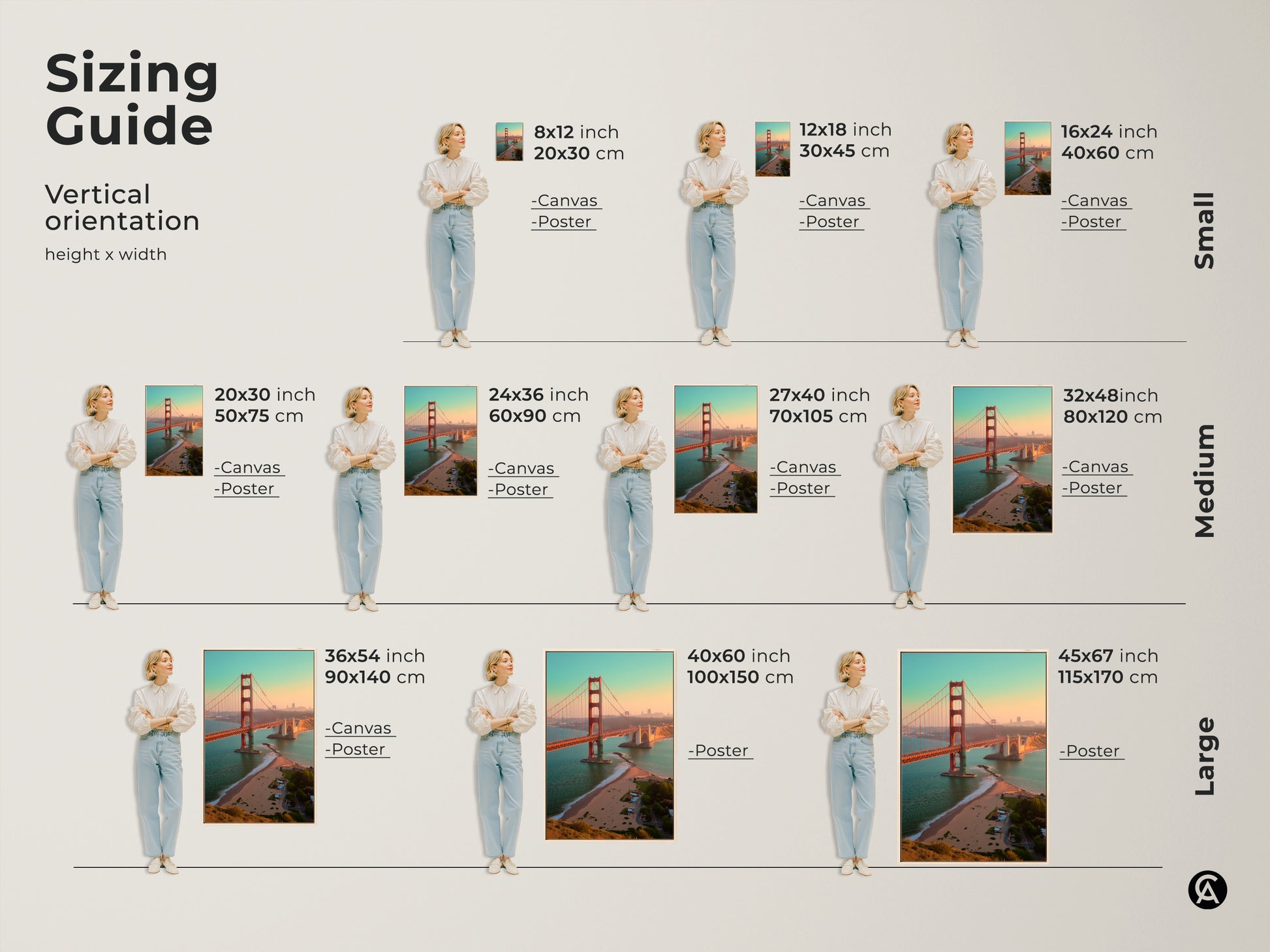 Sizing guide for vertical Golden Gate Bridge artwork. Available as canvas or poster in small medium and large sizes. Choose the perfect size for your space wall decor.