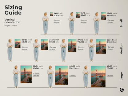 Sizing guide for vertical Golden Gate Bridge artwork. Available as canvas or poster in small medium and large sizes. Choose the perfect size for your space wall decor.