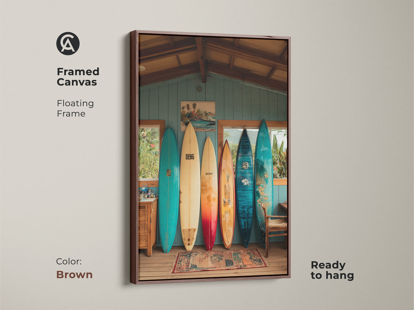 This framed canvas features a beach house interior. Vintage surfboards leaning against a wall. The floating frame is brown. It is ready to hang. Perfect for adding coastal artwork to any room. A great conversation starter.