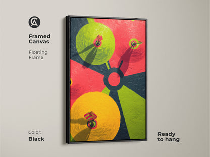 The framed canvas shows off the abstract dartboard artwork. With a sleek black floating frame this print will compliment modern art. The red lime and green geometric wall art is ready to hang.