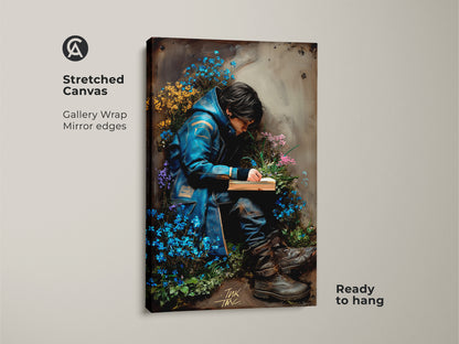 Stretched canvas of a young man reading. He's immersed in forget-me-nots. Gallery wrapped with mirrored edges this dark academia artwork is ready to hang. The surreal style and blue green palette bring eclectic charm. This is ideal for a study room or office reading nook.