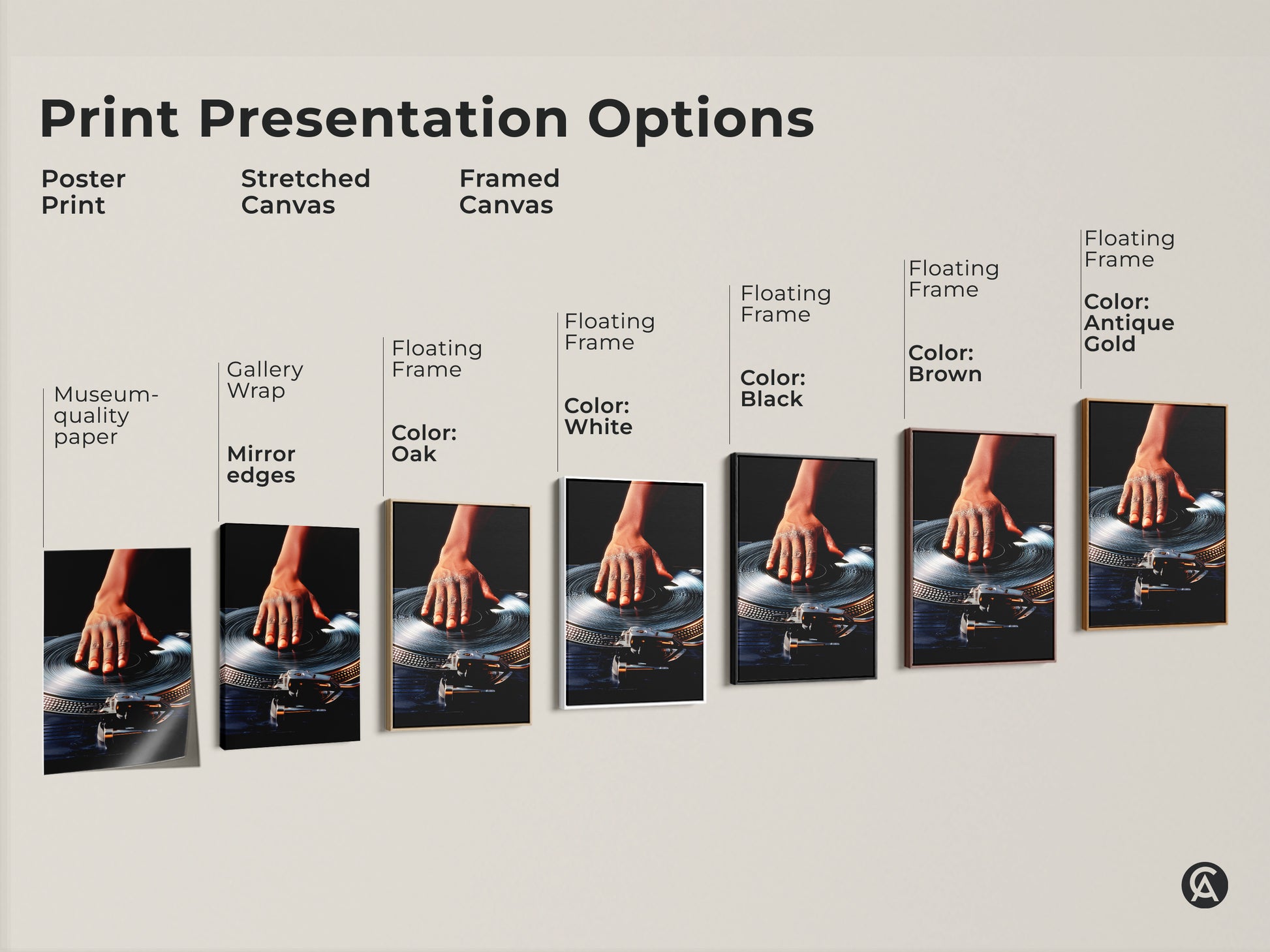 Explore print presentation options for music wall art. Choose from poster prints stretched canvases or framed canvases. Each option features artwork of a hand on a DJ turntable. Floating frames are available in multiple colors. The industrial loft decor has a retro DJ style and vibe.